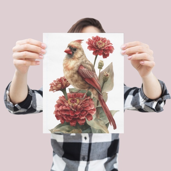 Watercolor Female Cardinal Bird with Flowers Wall Art Print Unframed - Picture 4 of 6